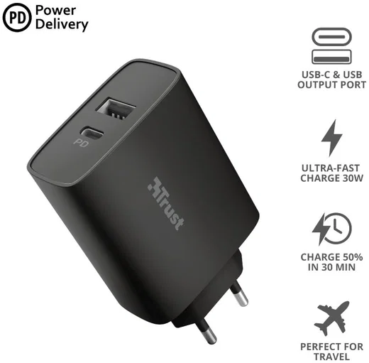 Trust Qmax Snellader 30W USB + USB-C Oplader met Power Delivery Zwart afbeelding 7