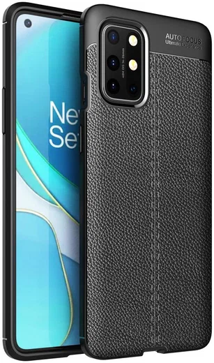 OnePlus 8T Litchi Hoesje TPU met Leren Textuur Zwart afbeelding 1