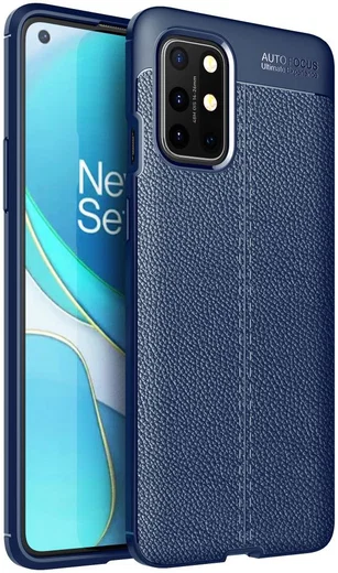 OnePlus 8T Litchi Hoesje TPU met Leren Textuur Blauw afbeelding 1