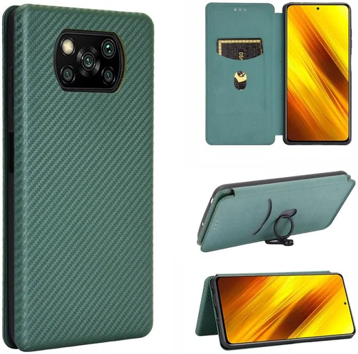 Xiaomi Poco X3 / X3 Pro Hoesje Carbon Fiber Book Case Groen afbeelding 4