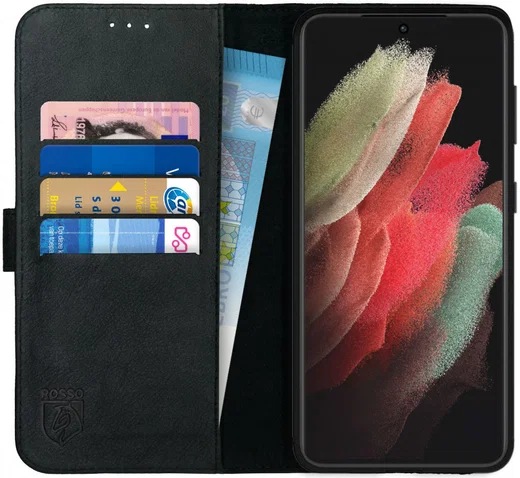 Rosso Deluxe Samsung Galaxy S21 Ultra Hoesje Wallet Case Leer Zwart afbeelding 1