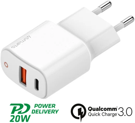 4smarts DoublePort 20W USB-A QC en USB-C Power Delivery Adapter Wit afbeelding 3