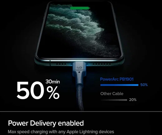 Spigen PowerArc ArcWire Gevlochten USB-C/Lightning Kabel 1 Meter Zwart afbeelding 3