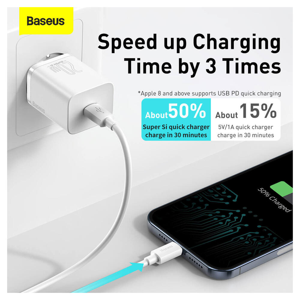 Baseus Snellader 20W PD + USB-C naar Apple Lightning Kabel 1M Wit afbeelding 4